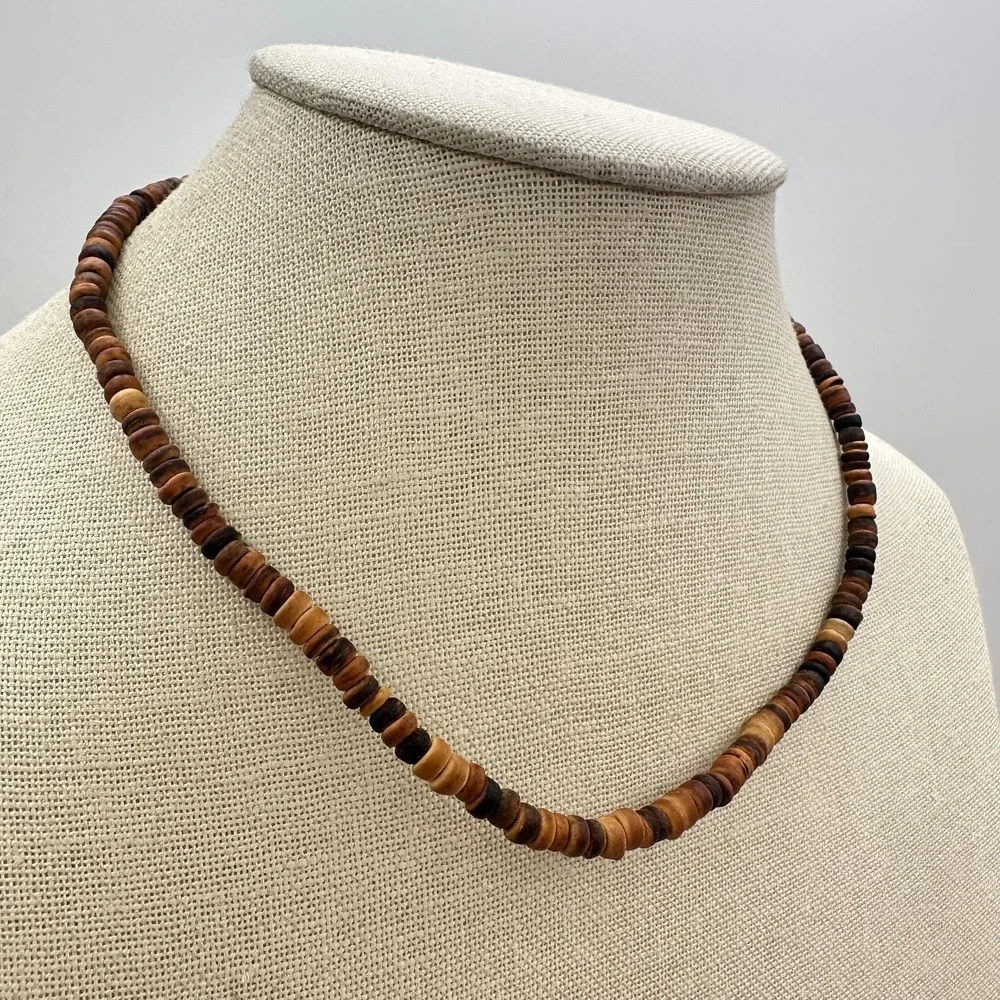 Vintage 90s‎ Wooden Heishe Beaded Necklace Women's Minimalist Retro Jewelry Boho